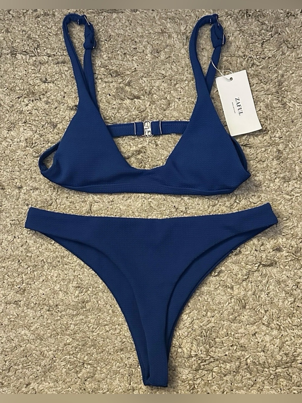 Zaful Women’s L Blue Bikini Set Padded Strappy Top & Cheeky Bottoms Swimwear NWT